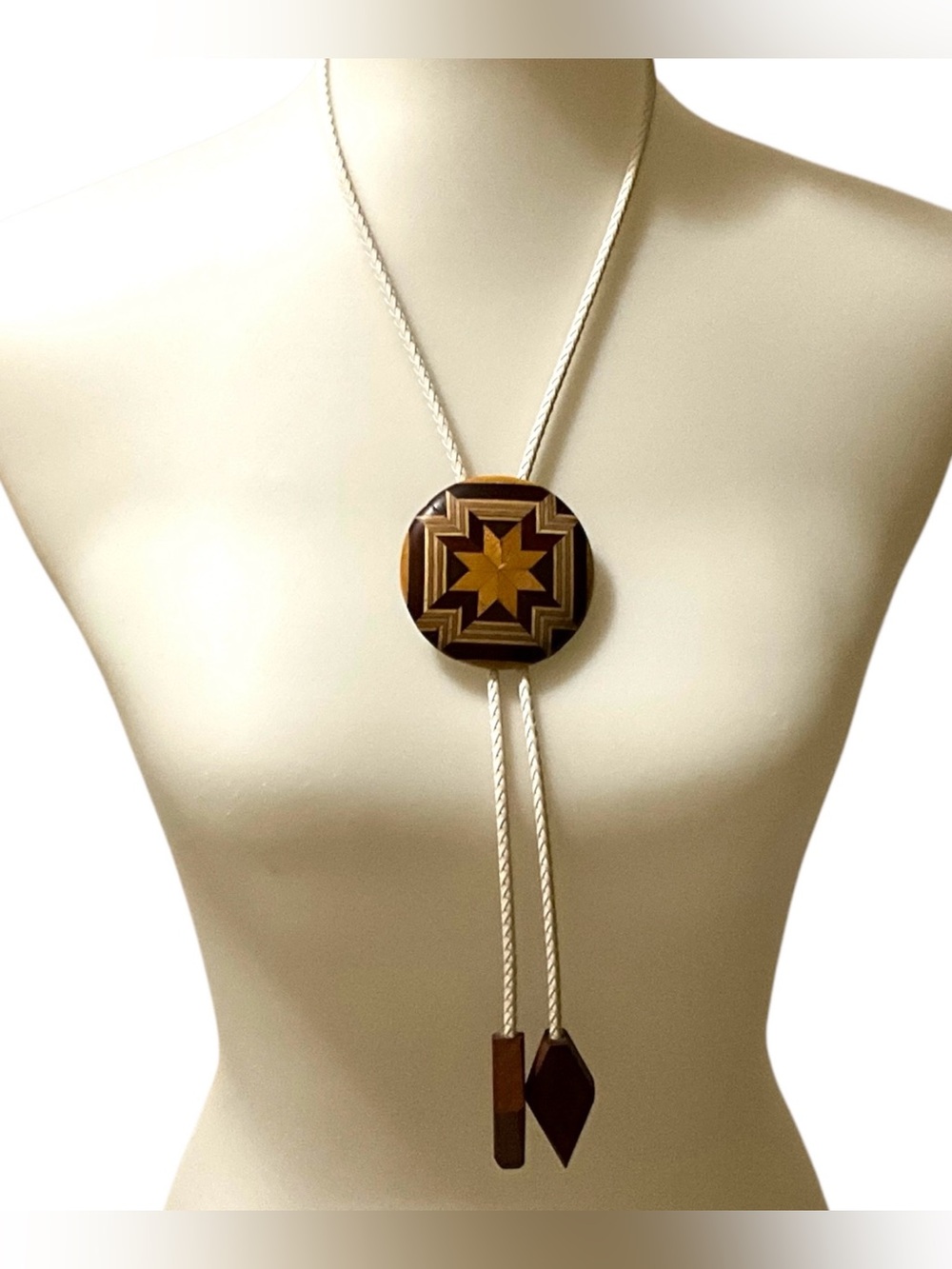 Handcrafted Wood Marquetry Bolo Tie Walter C. Huff Sun City AZ Geometric Star